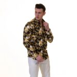 Black with Gold Skulls Mens Slim Fit Designer French Cuff Shirt -