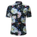 Black Floral check Mens Short Sleeve Button up Shirts - Tailored Slim