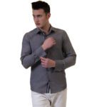 Grey Mens Slim Fit French Cuff Shirts with Cufflink Holes - Casual and