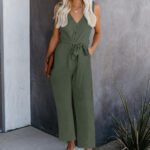 Green V Neck Button Belted Jumpsuit with Pockets