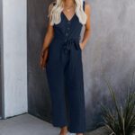 Blue V Neck Button Belted Jumpsuit with Pockets