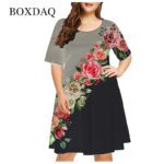 New 2022 Summer 3D Flower Print Bohemian Dress Women Short Sleeve Mini Dress Casual O-Neck Loose Dress Plus Size Women Clothing