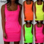 Summer Women's Dress Elastic Waist Sleeveless Low-cut Dress Ladies Mini Dress Sexy Club Package Hip Dress Beach Tank Top Dress