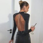 Sexy Backless Round Neck Long Sleeve Bodycon Dress with Hip Package