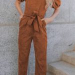 Brown Tie Knot Puff Sleeve Straight Leg High Rise Jumpsuit