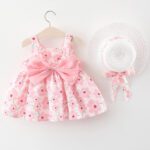 Summer Newborn Baby Clothes Infant Girl Clothes Korean Cute Print Sleeveless Cotton Beach Dress+Sunhat Princess Dresses BC003