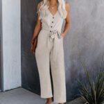 Beige V Neck Button Belted Jumpsuit with Pockets