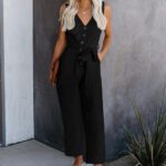 Black V Neck Button Belted Jumpsuit with Pockets